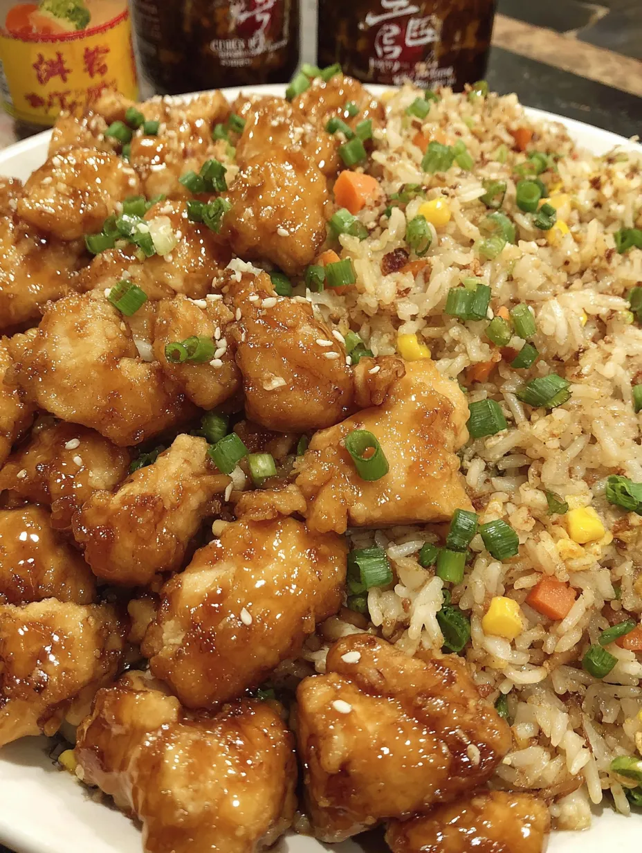 A plate of food with orange chicken and rice.