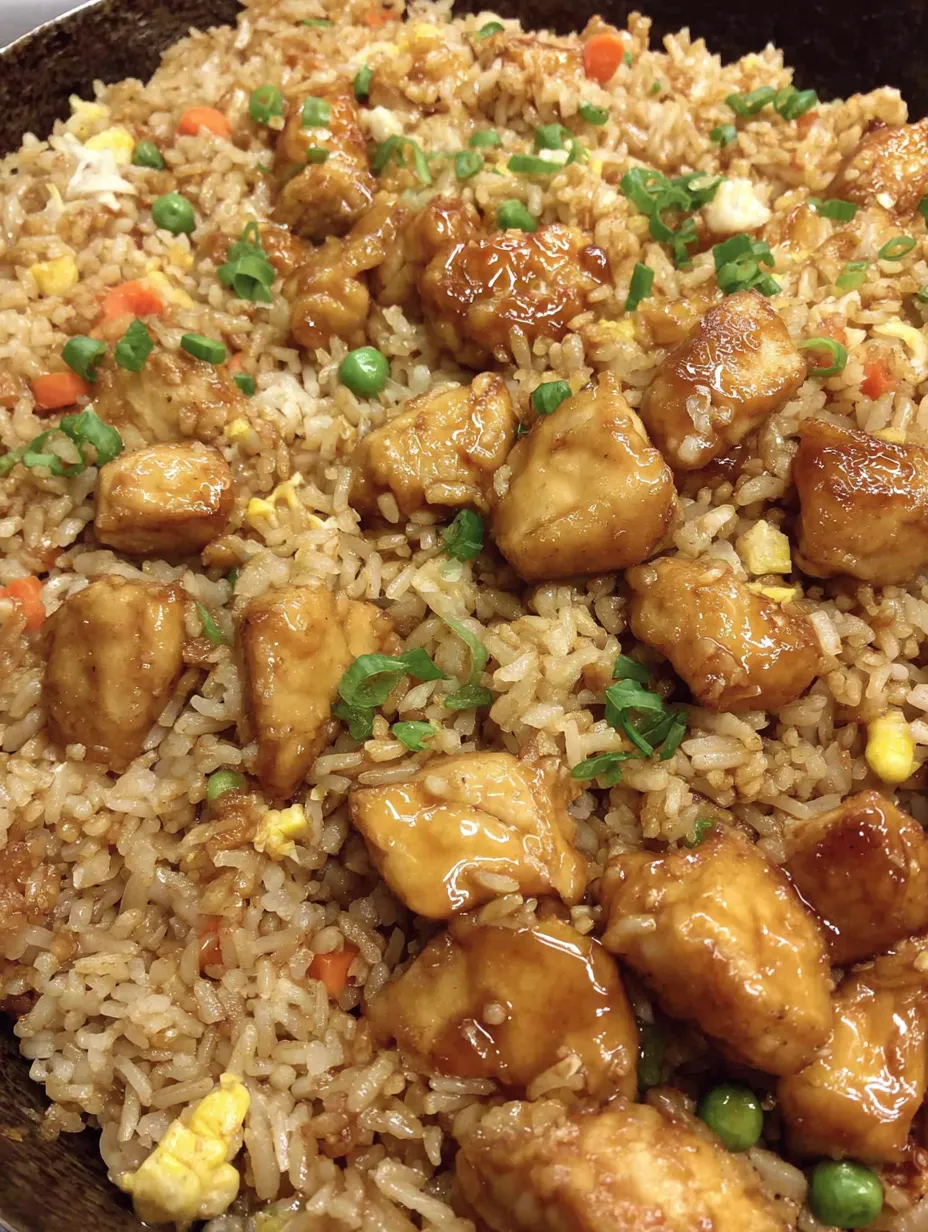 A plate of orange chicken fried rice.