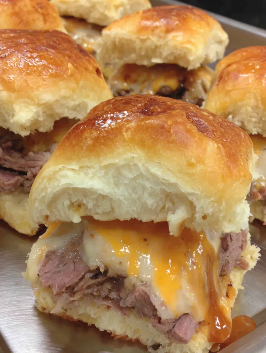 A close up of a beef and cheese slider.