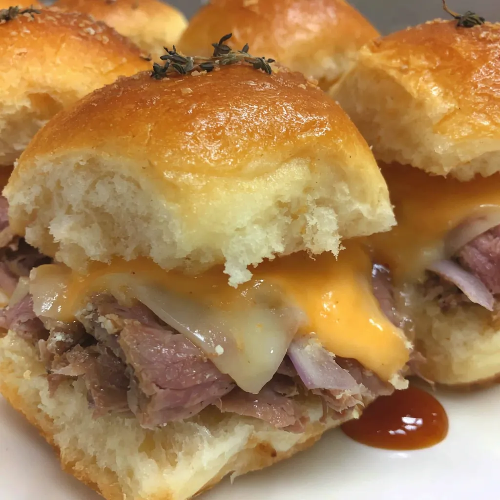A plate of beef and cheese sliders.