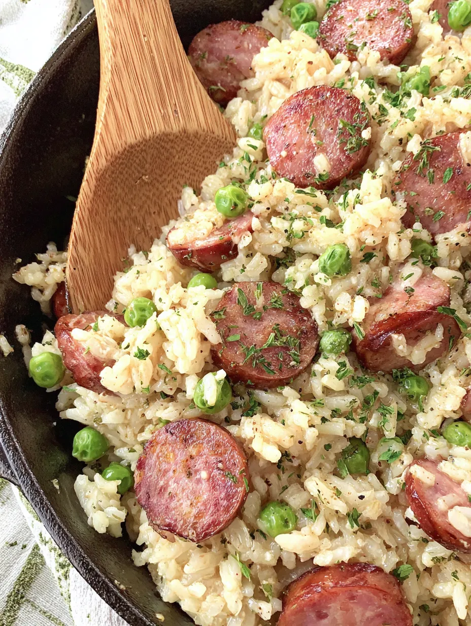 A skillet of rice and sausage.
