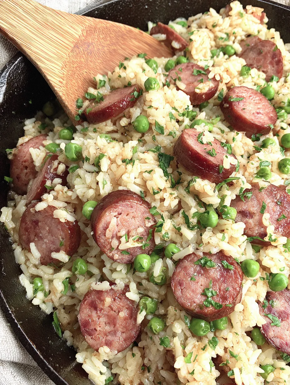 A skillet filled with rice and sausage.