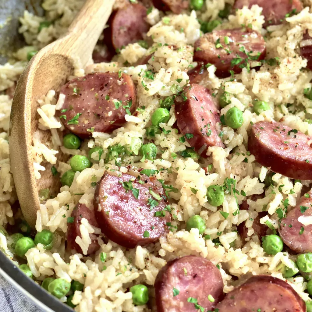 A skillet of rice and sausage.