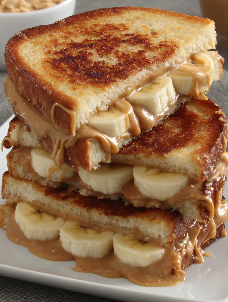 A stack of grilled peanut butter banana sandwiches.