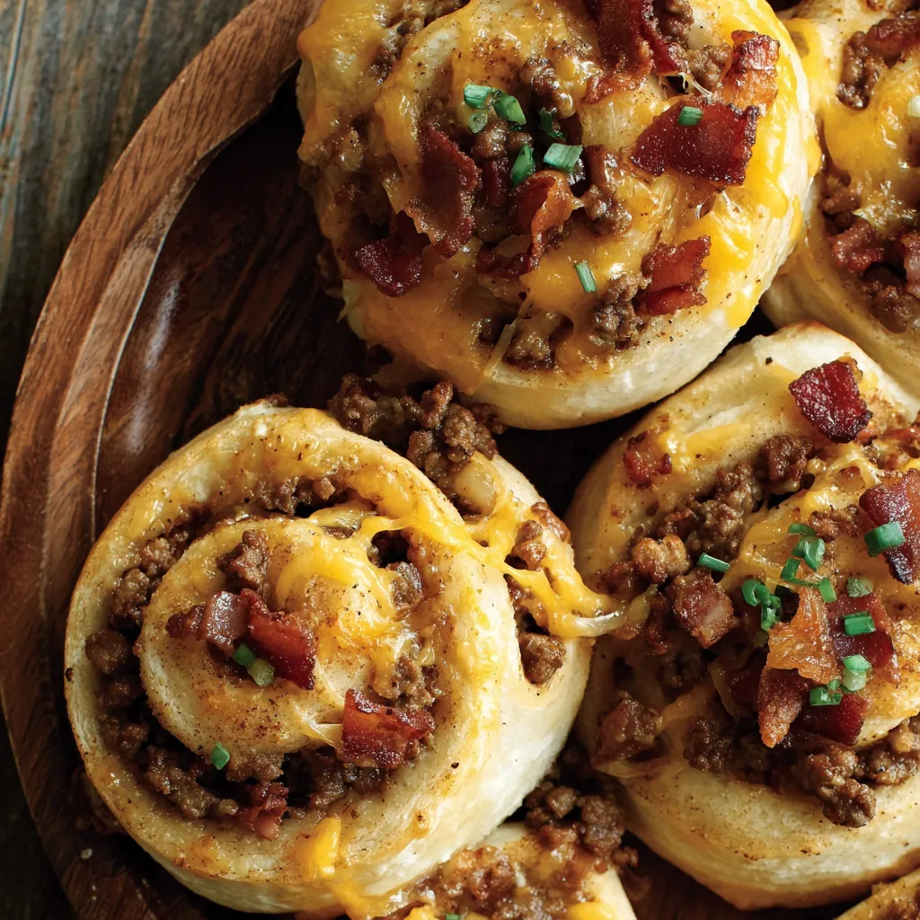 Bacon cheeseburger rolls on a wooden platter.
