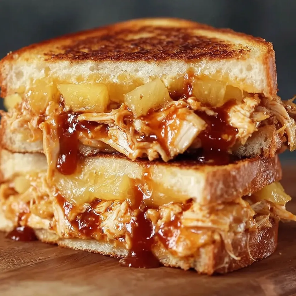 A sandwich with BBQ chicken and pineapple on top.