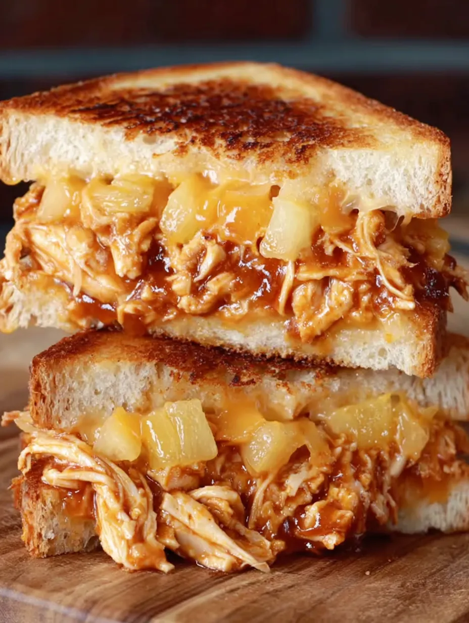 A sandwich with BBQ chicken and pineapple on top.