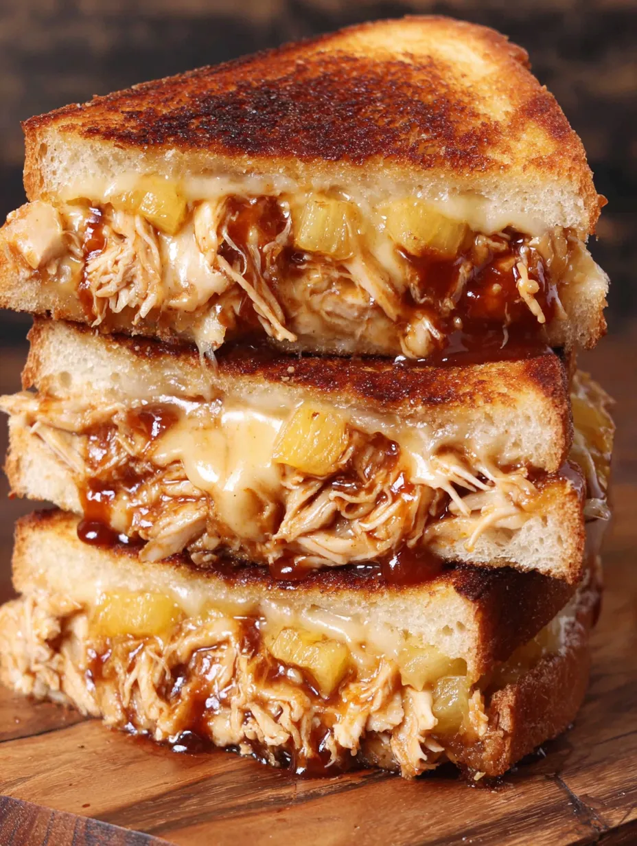 Three grilled cheese sandwiches with BBQ chicken and pineapple.