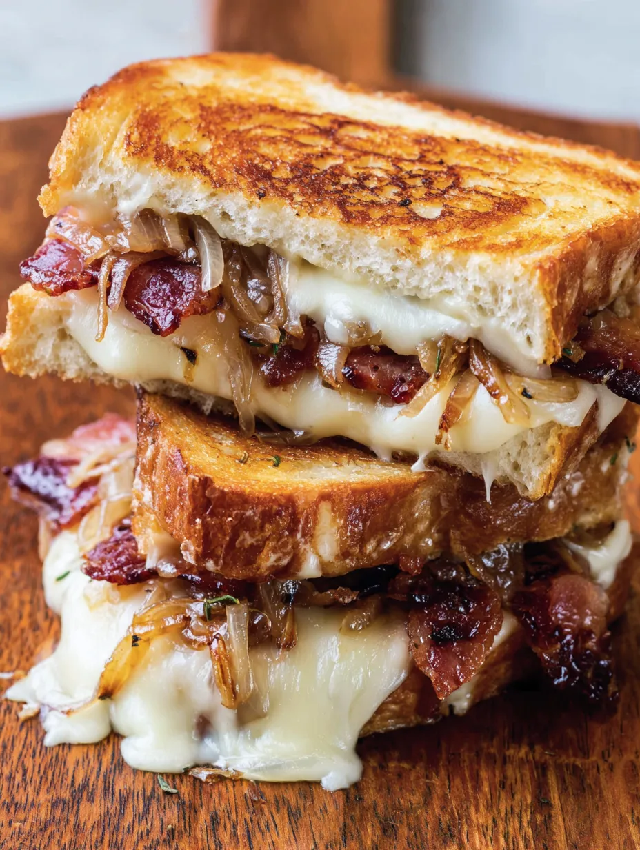 A grilled cheese sandwich with bacon on top.