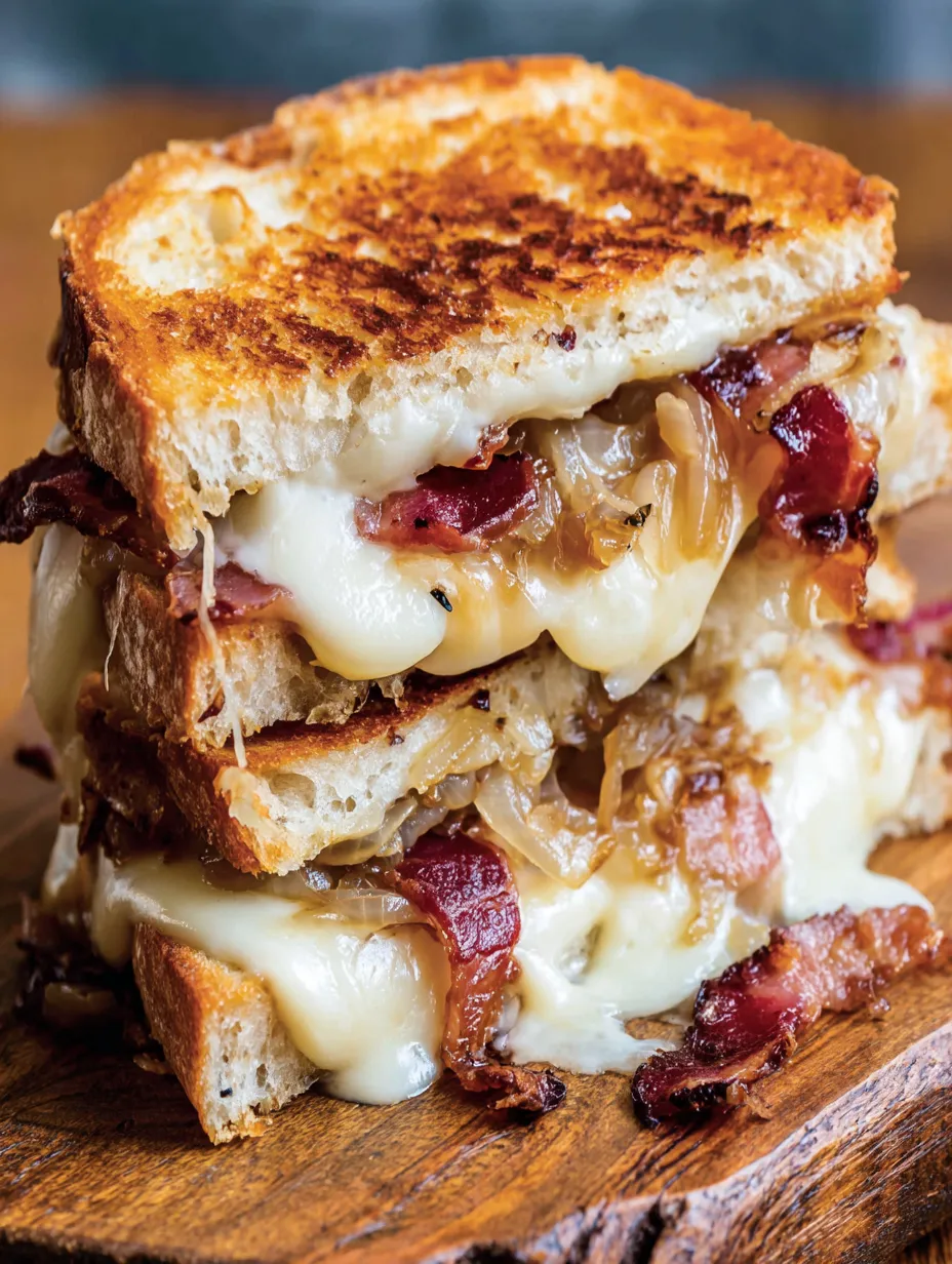 A stack of grilled cheese sandwiches with bacon.