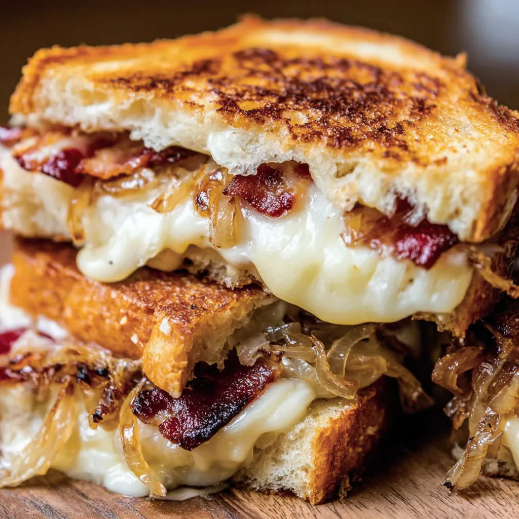 A grilled cheese sandwich with bacon on top.