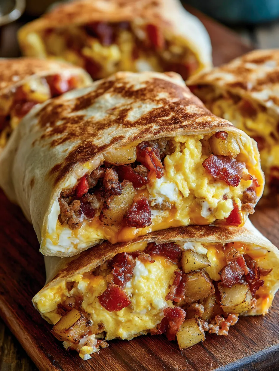 A breakfast burrito with bacon, eggs and cheese.