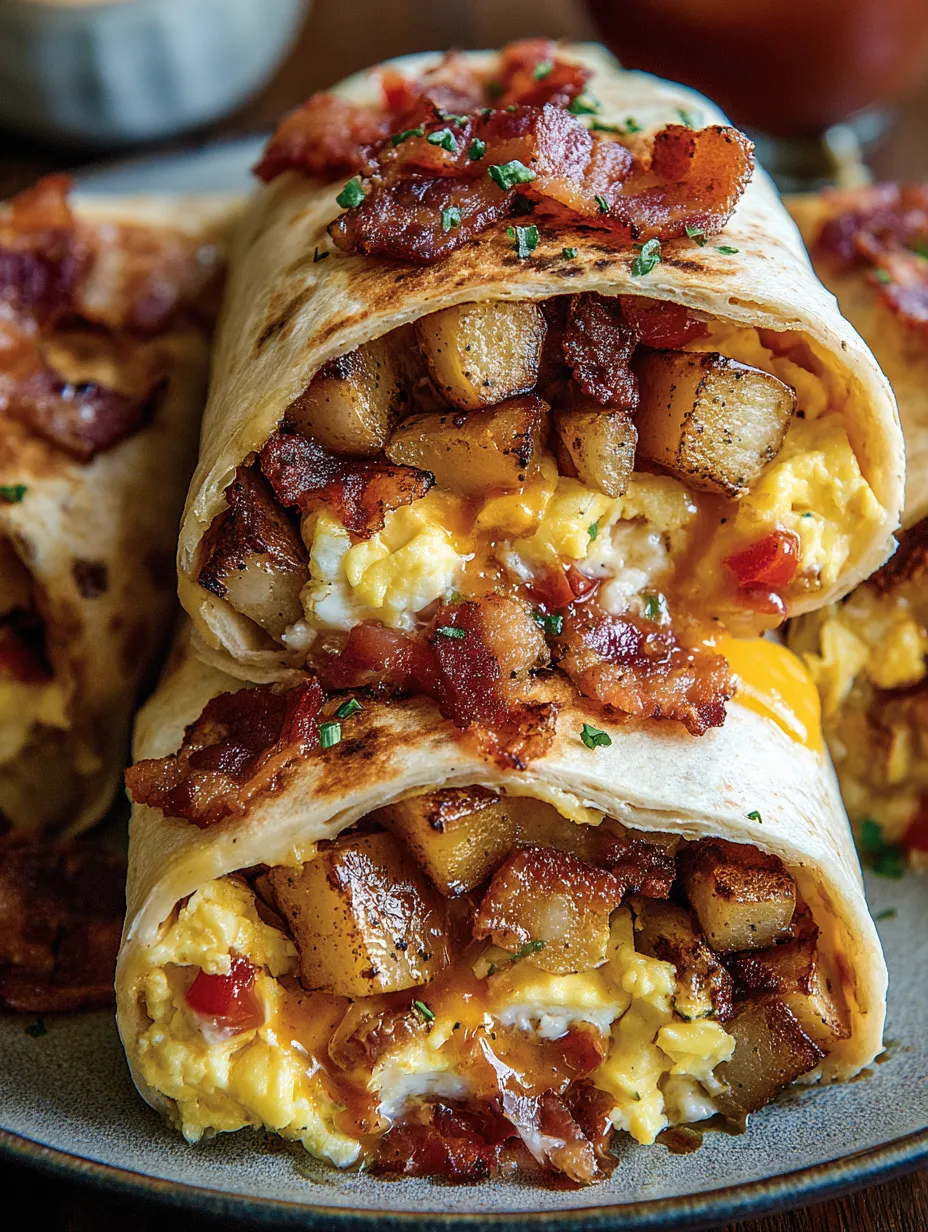 A breakfast burrito with bacon, eggs, and cheese.