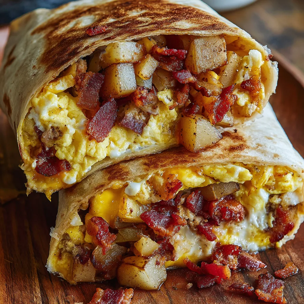 A breakfast burrito with bacon, eggs, and cheese.