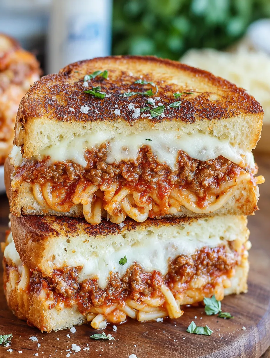 A grilled cheese sandwich with spaghetti noodles in the middle.