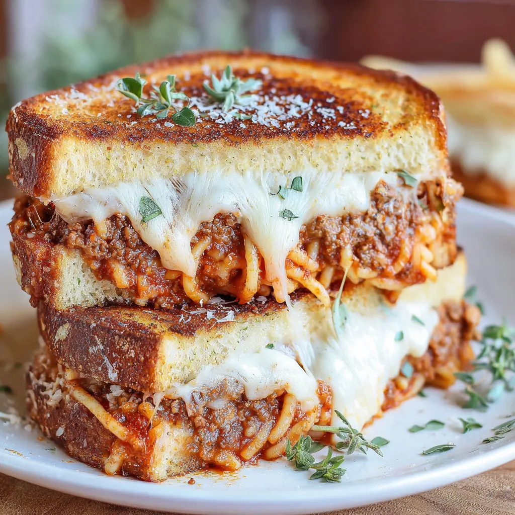 A plate of grilled cheese with spaghetti on top.