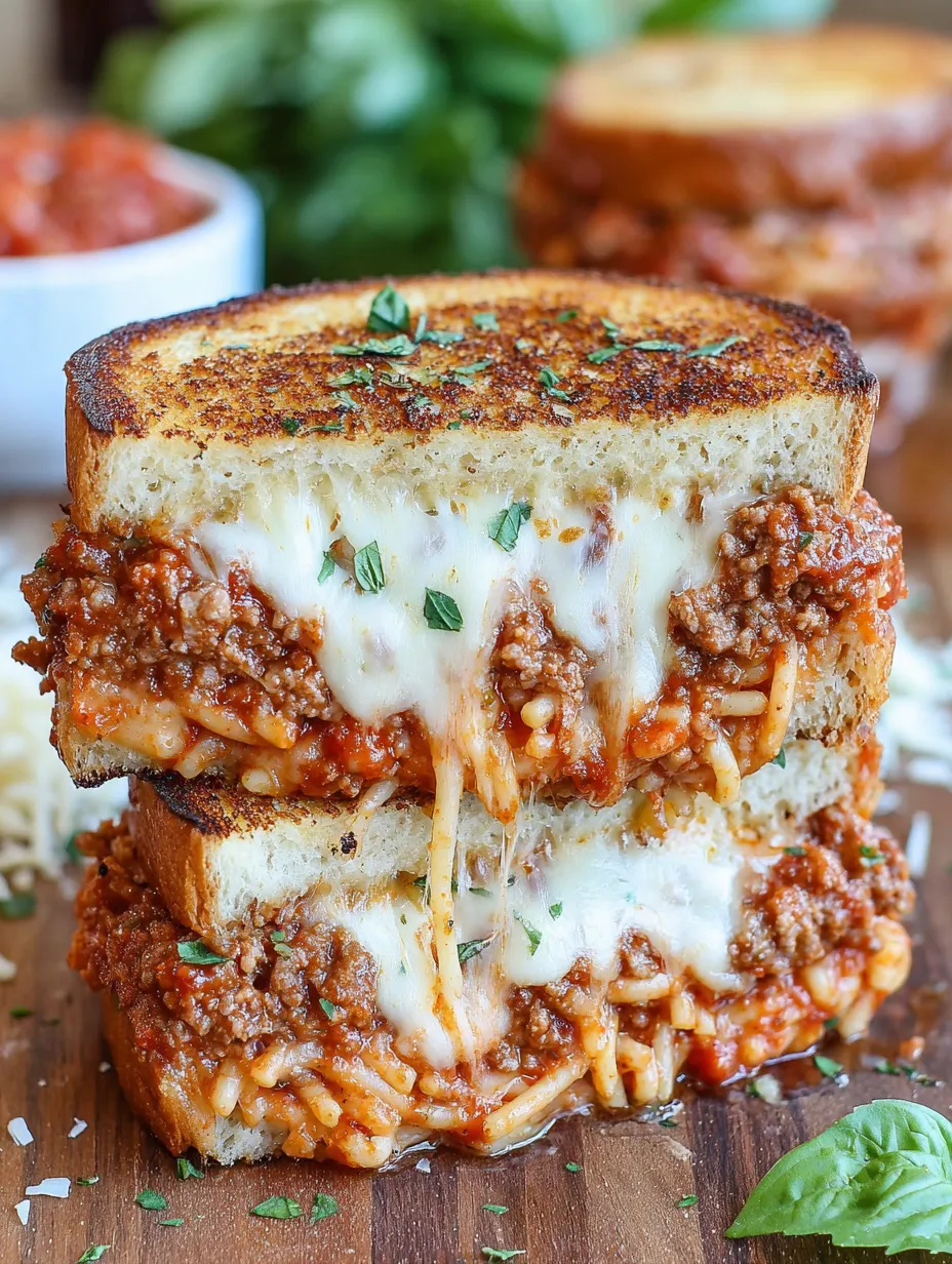 A grilled cheese sandwich with spaghetti noodles in the middle.