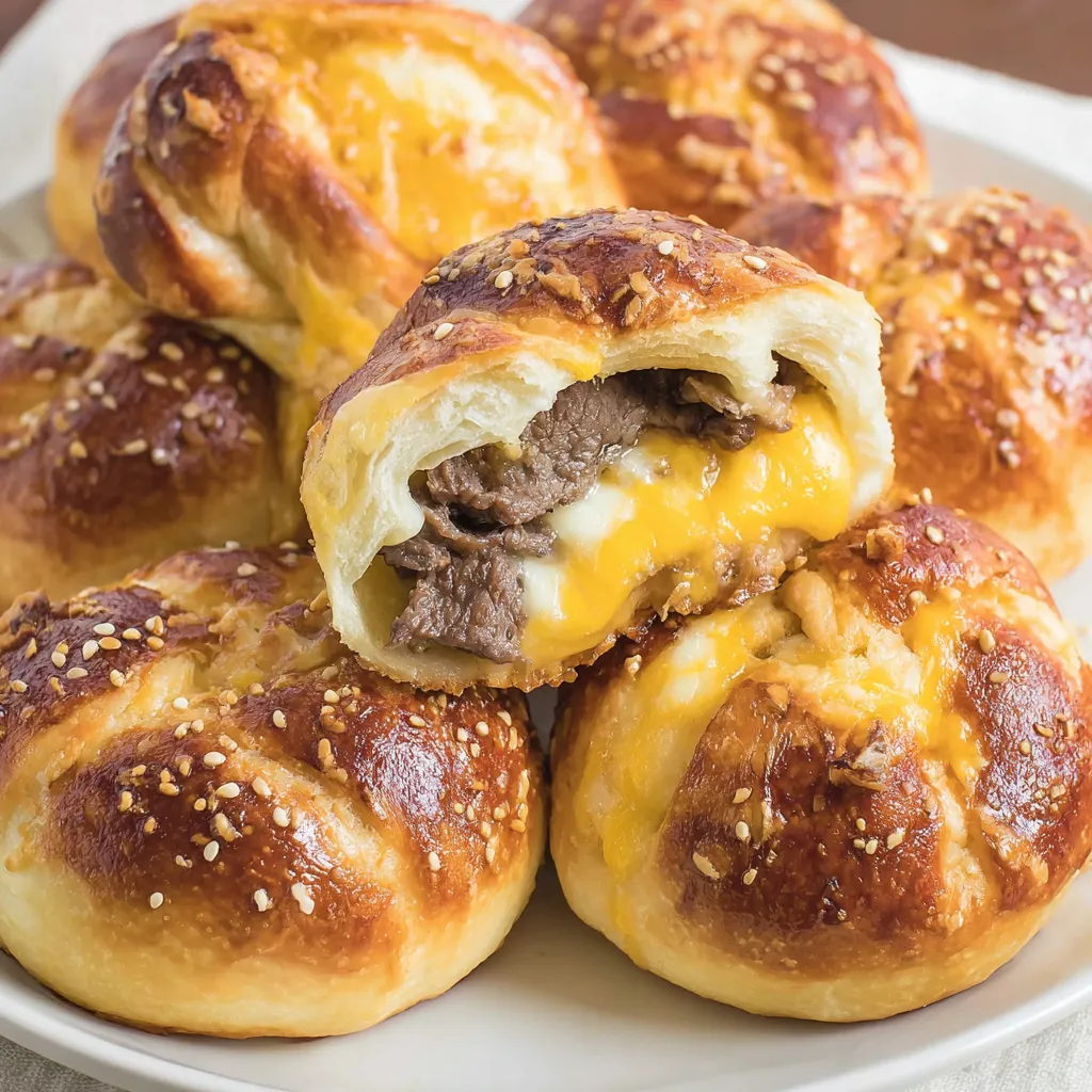 A plate of steak and cheese stuffed pretzels.