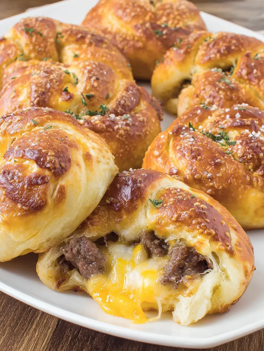 A plate of steak and cheese stuffed pretzels.