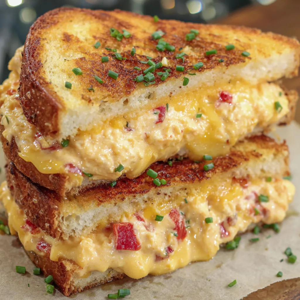 A stack of grilled cheese sandwiches with pimento.