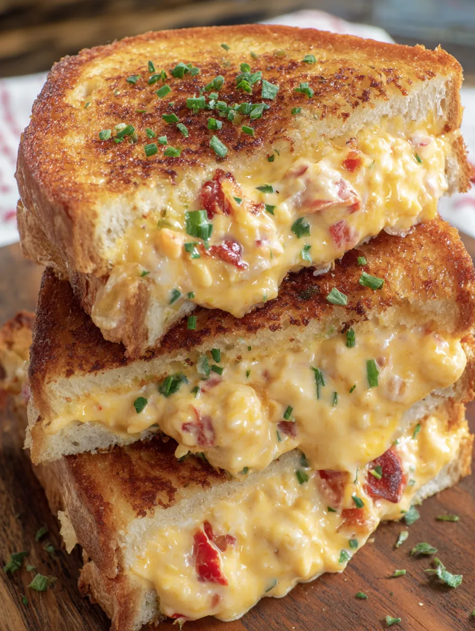 A stack of grilled cheese sandwiches with pimento.