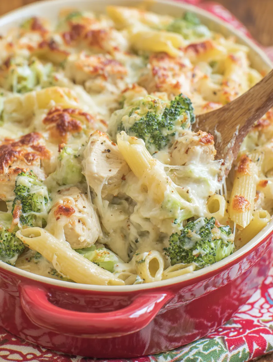 A close up of a cheesy chicken and broccoli pasta bake.