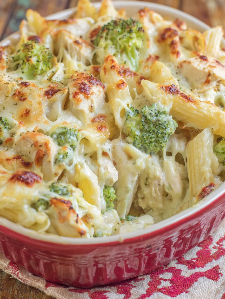 A dish of cheesy chicken and broccoli pasta bake.