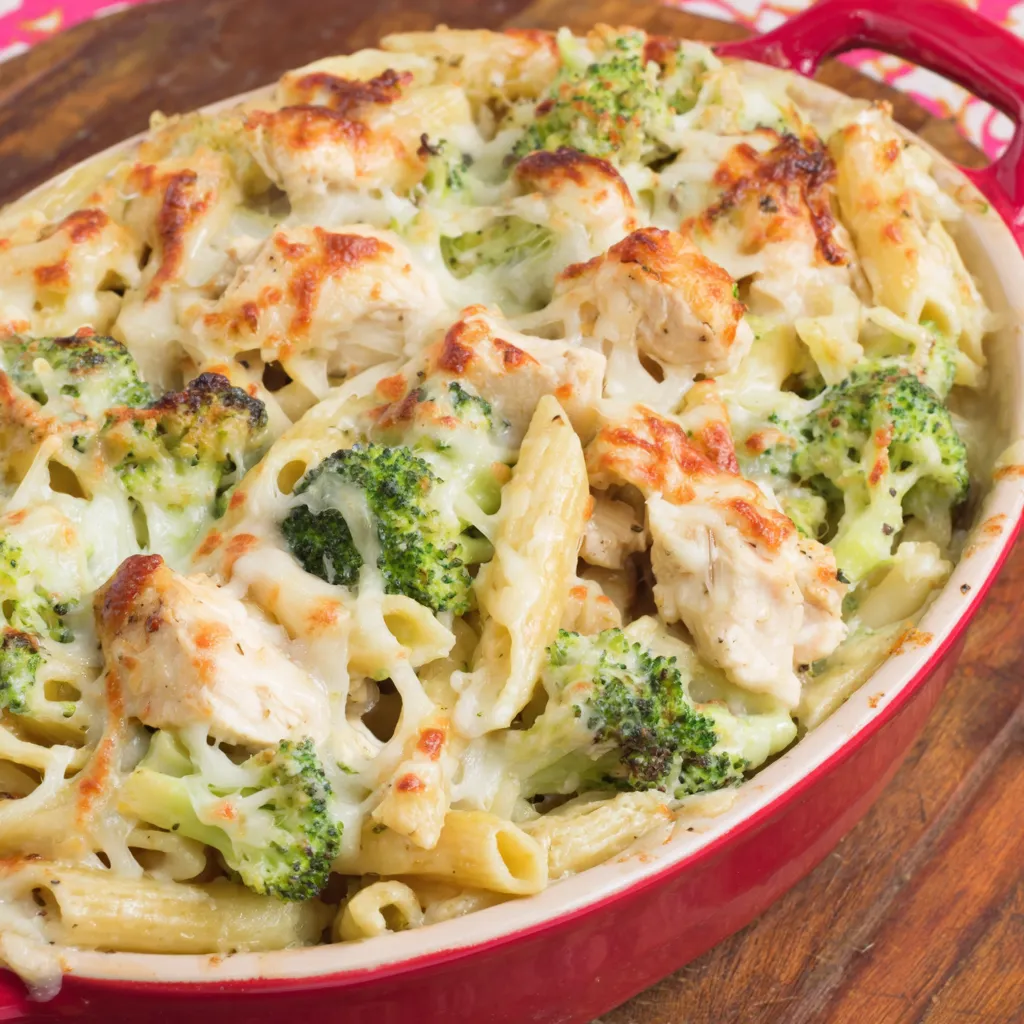 A delicious cheesy chicken and broccoli pasta bake.