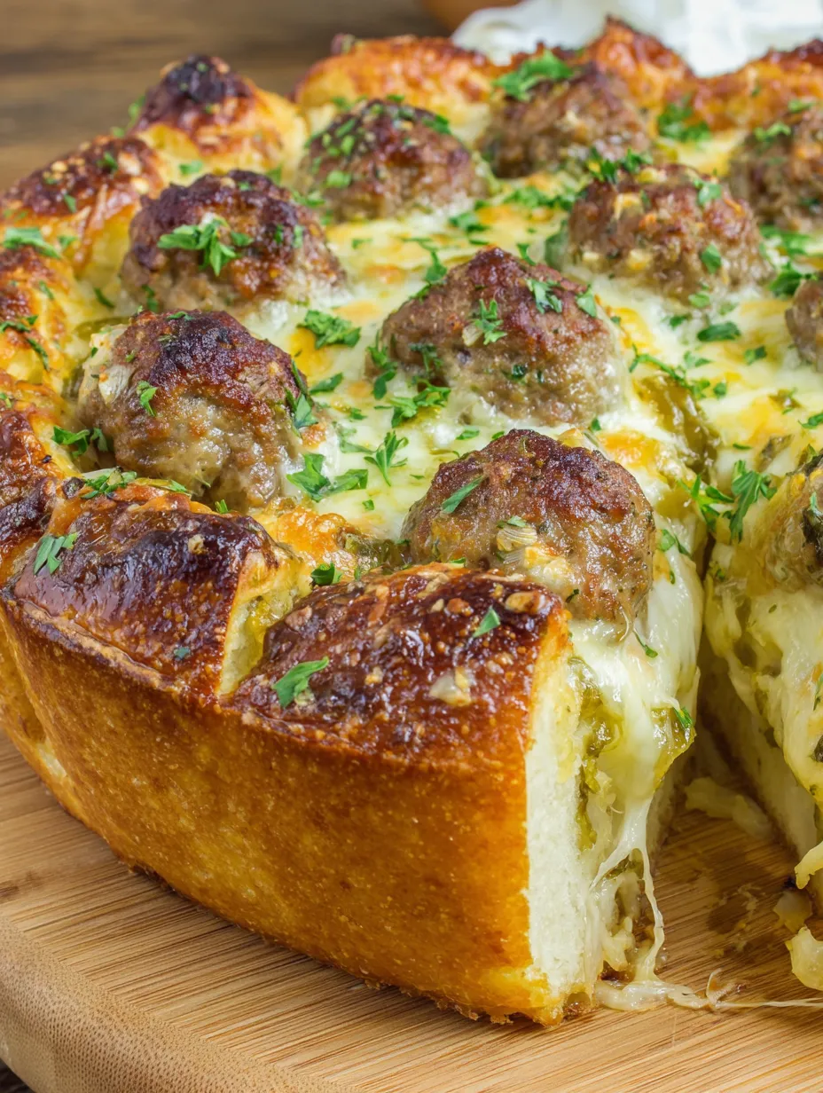 A slice of deep dish meatball pizza.