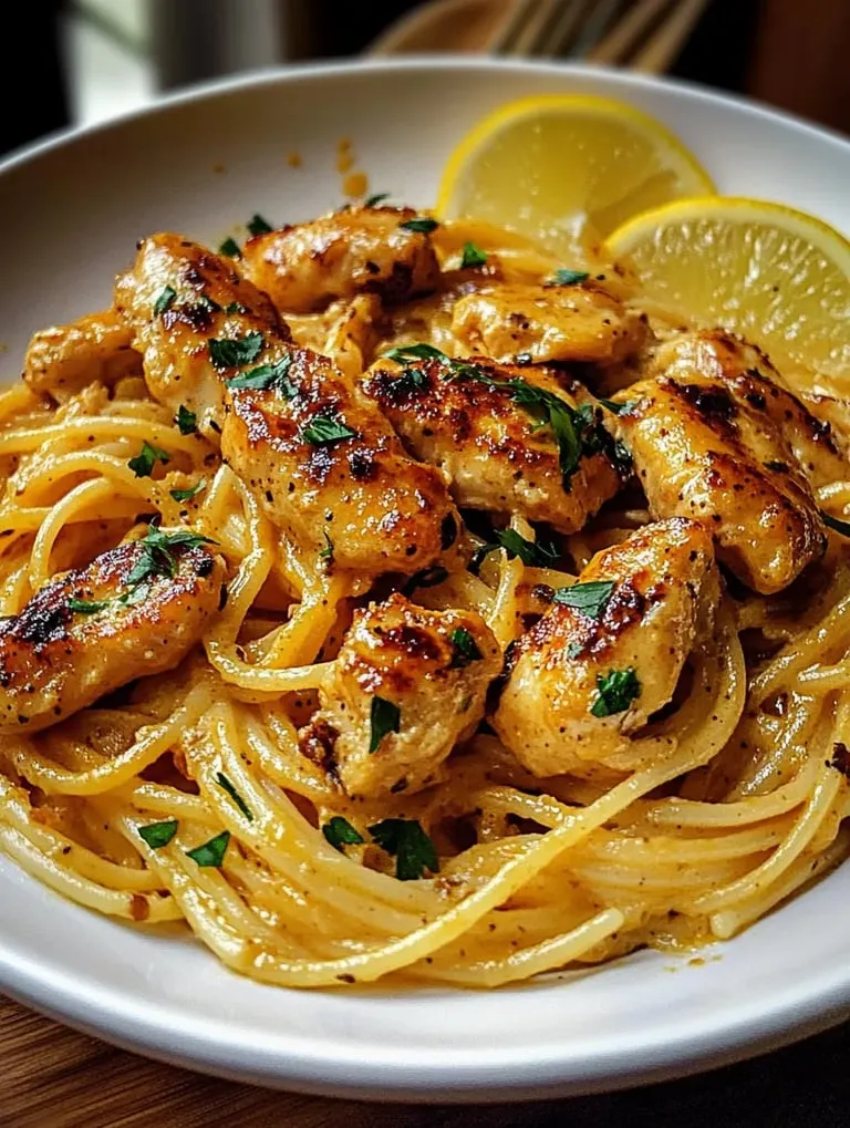 A bowl of pasta with chicken and lemon.