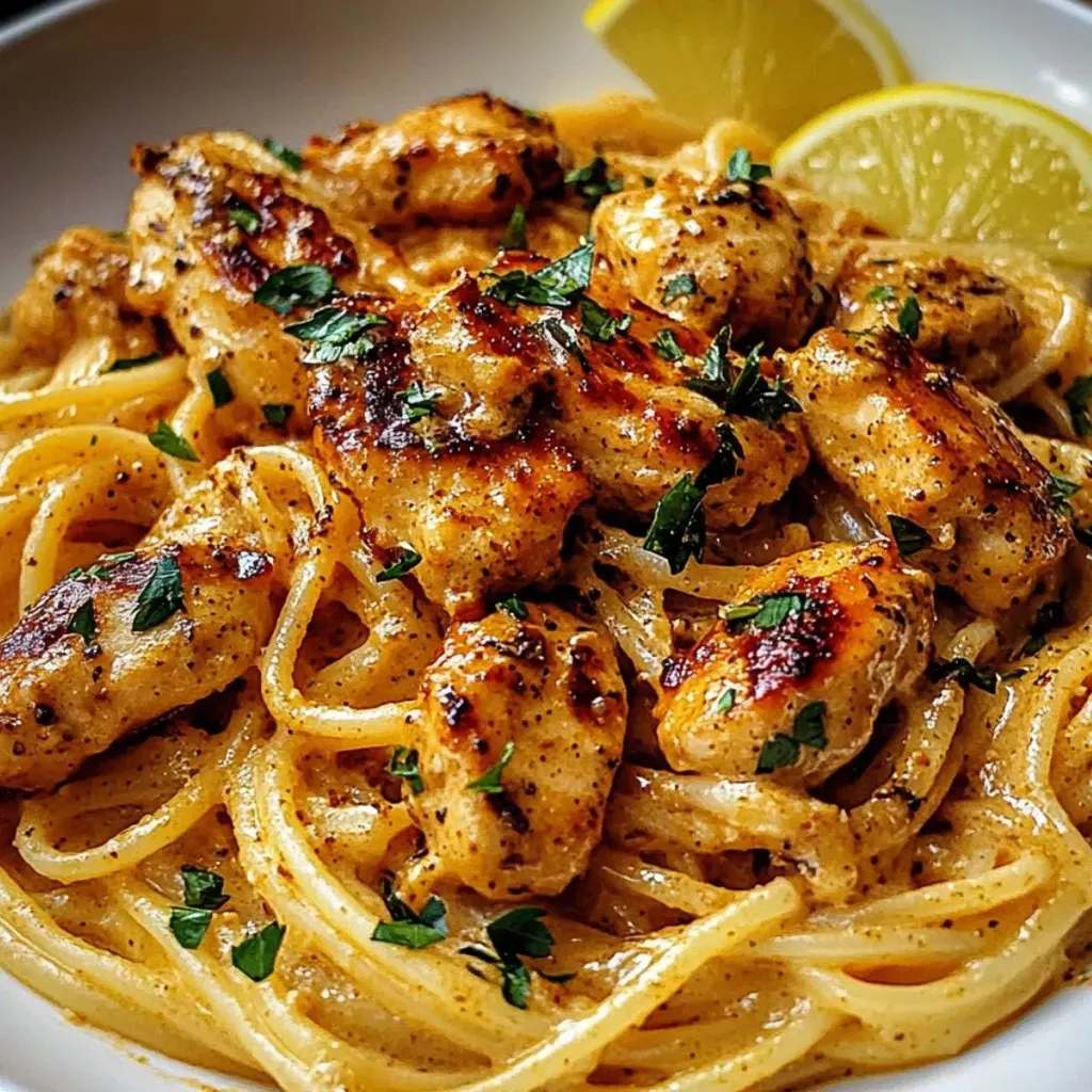 A bowl of pasta with chicken and lemon wedges.