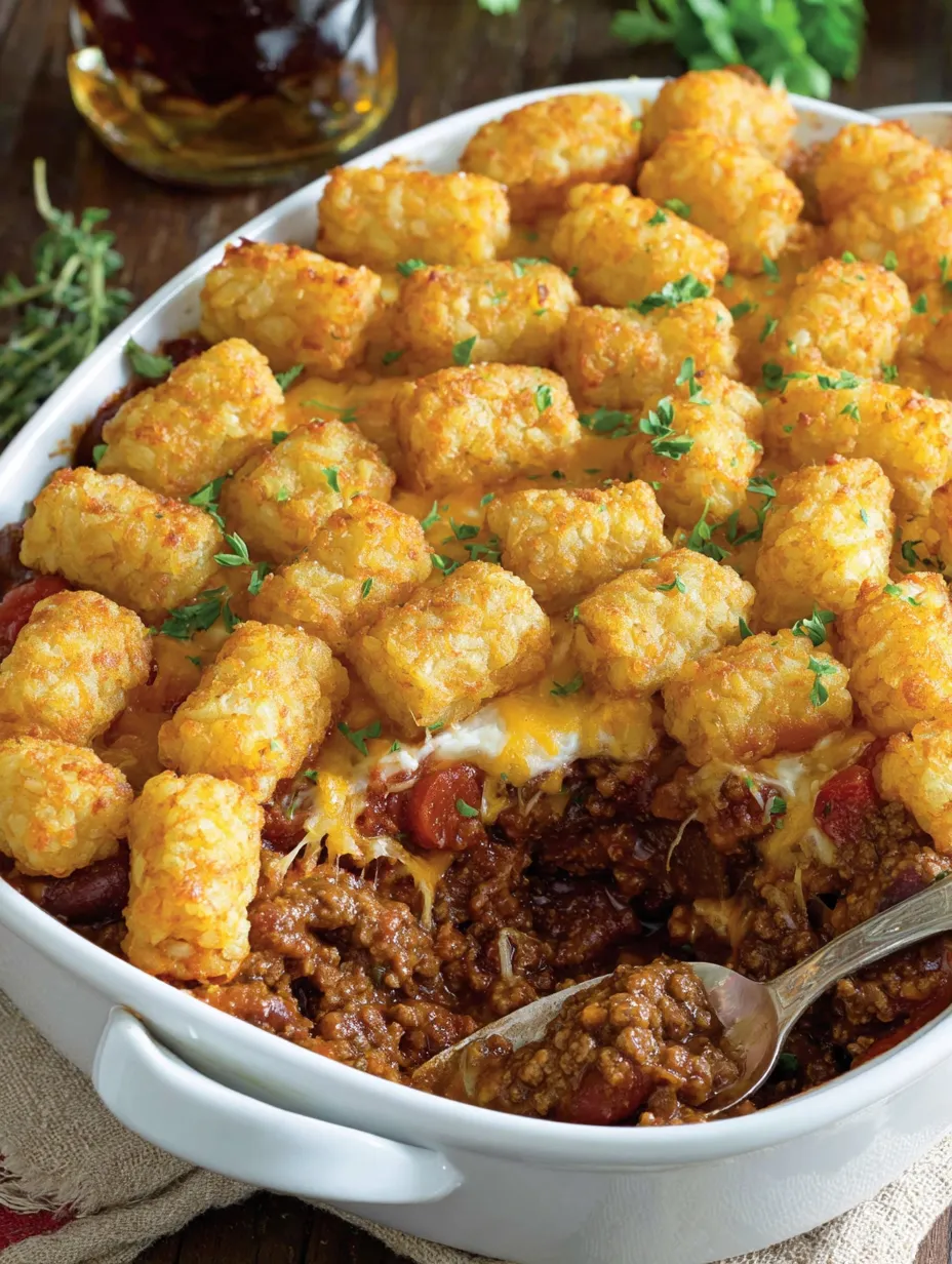 A dish of chili with crispy tater tots on top.