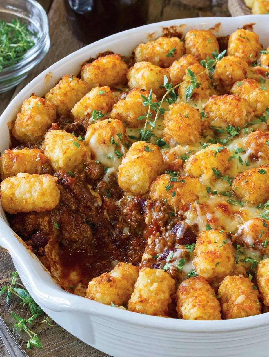 A dish of chili with crispy tater tots on top.