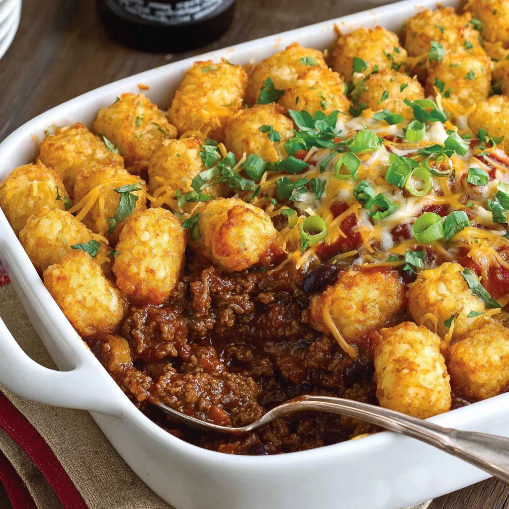 A white bowl filled with chili and tater tots.