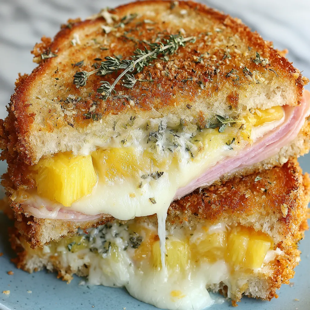 A slice of cheese crusted Hawaiian grilled cheese.