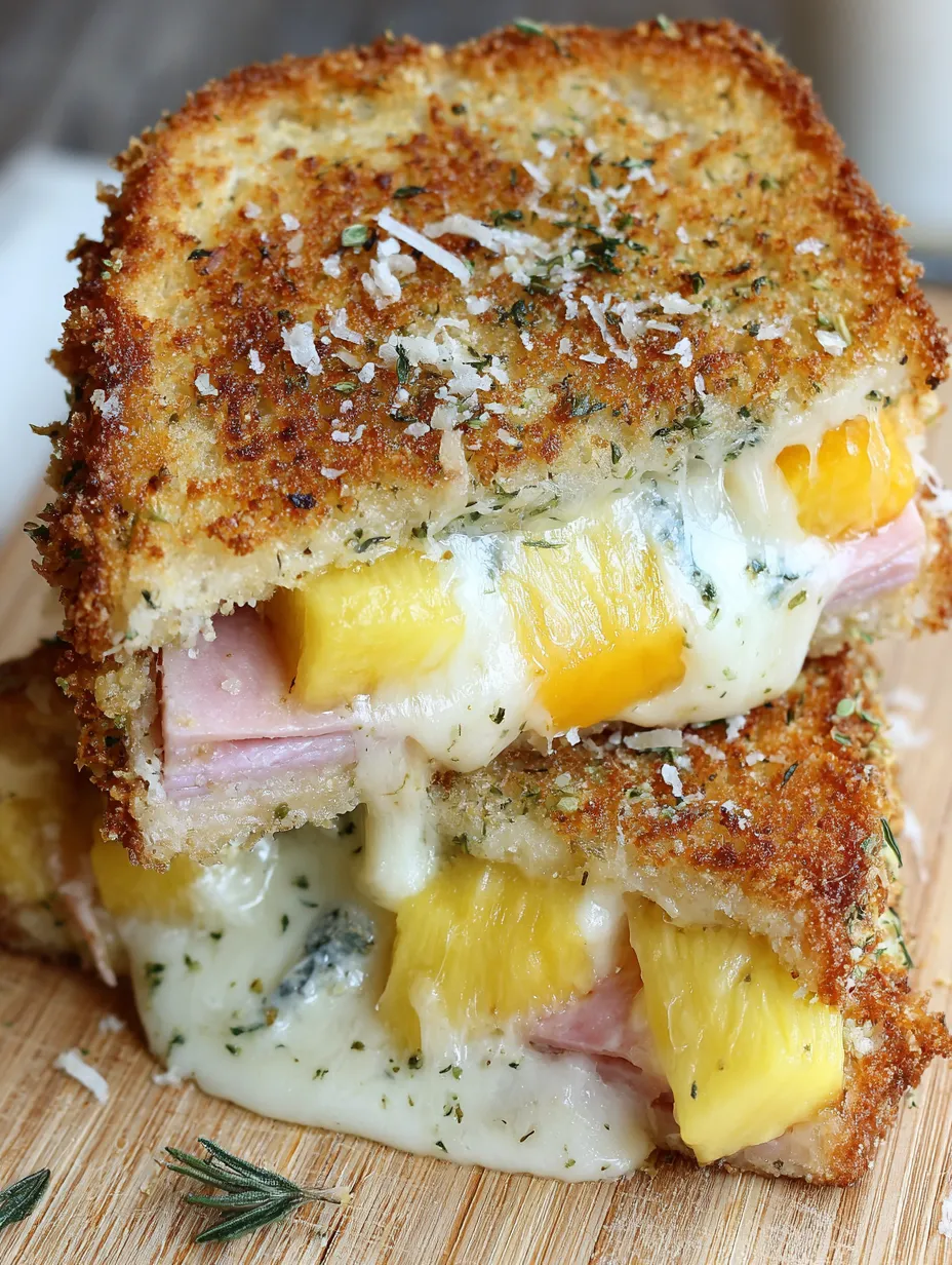 A slice of cheese crusted Hawaiian grilled cheese.