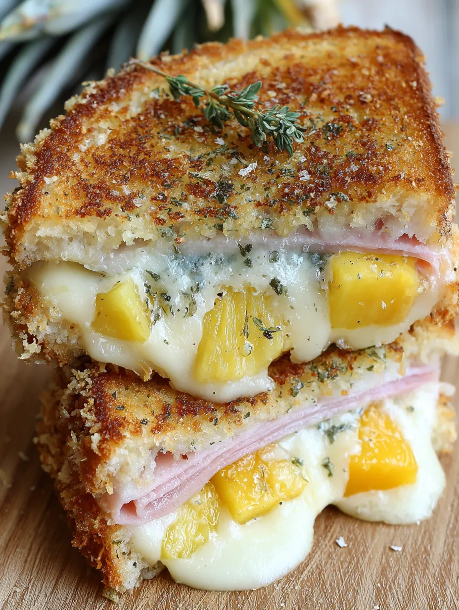 A cheese crusted Hawaiian grilled cheese sandwich.