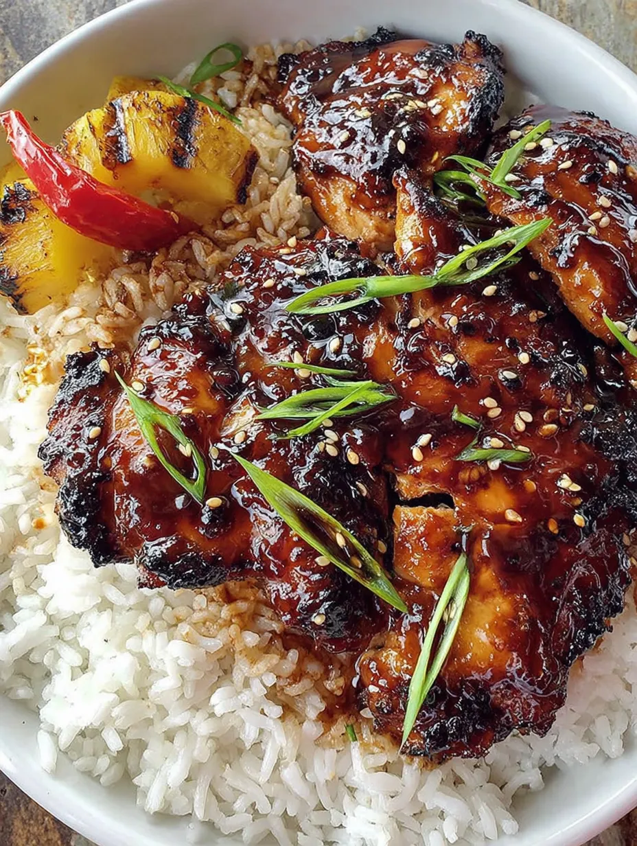 A plate of grilled teriyaki chicken with rice and vegetables.