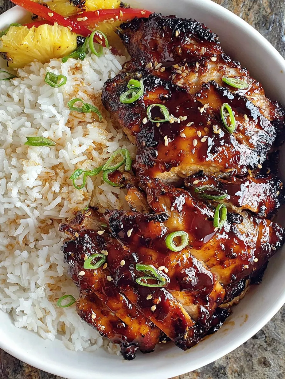 A bowl of rice and grilled chicken with teriyaki sauce.