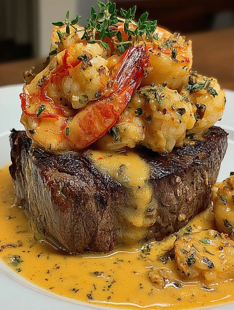 A plate of food with a steak, shrimp, and lobster sauce.