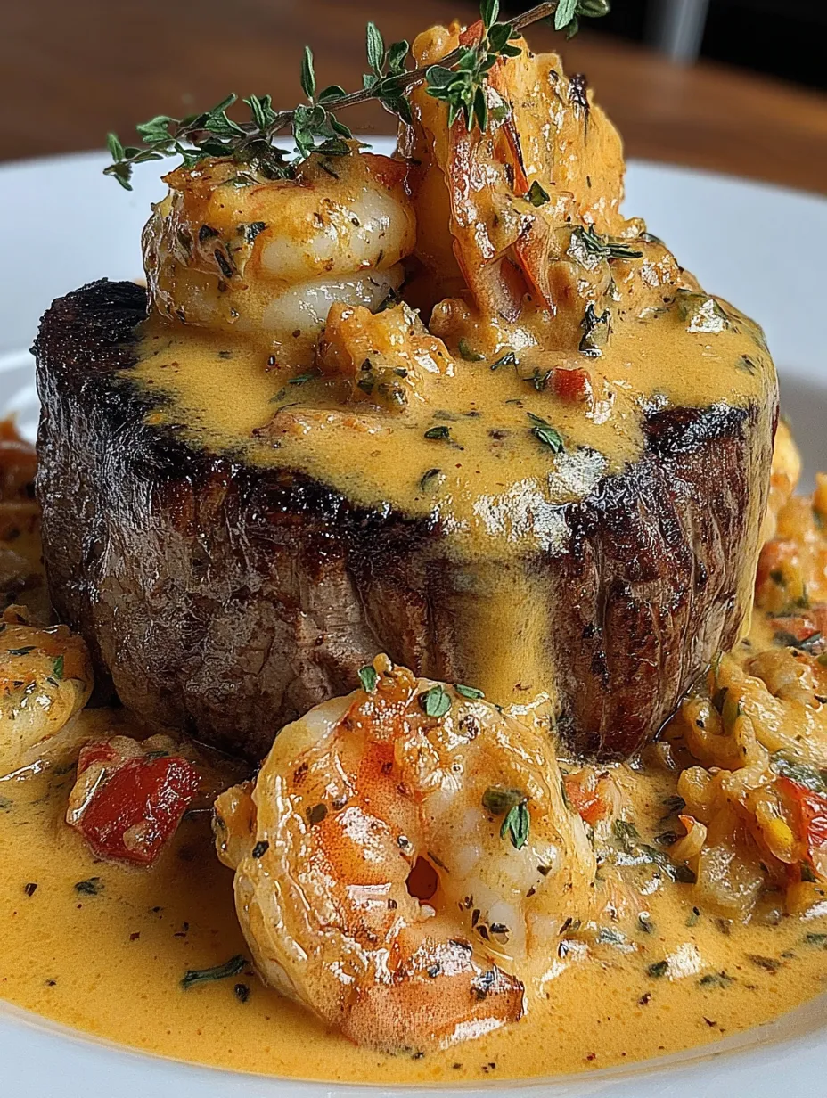 A plate of food with a steak, shrimp, and lobster sauce.