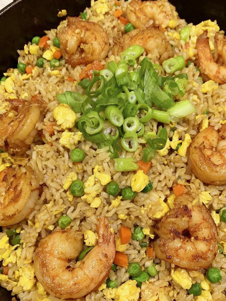 A plate of shrimp fried rice with peppers and carrots.