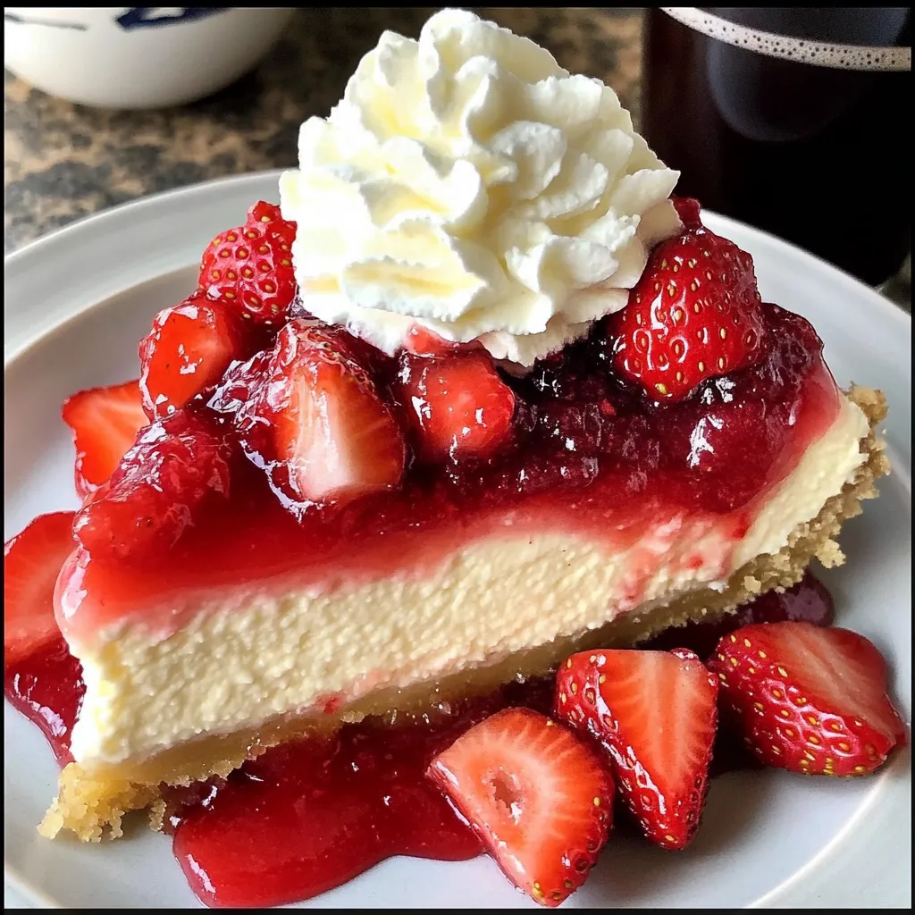 A slice of cheesecake with strawberries on top.