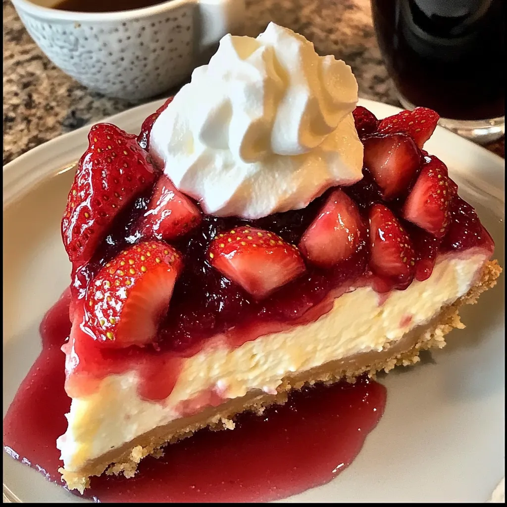 A slice of cheesecake with strawberries and whipped cream.