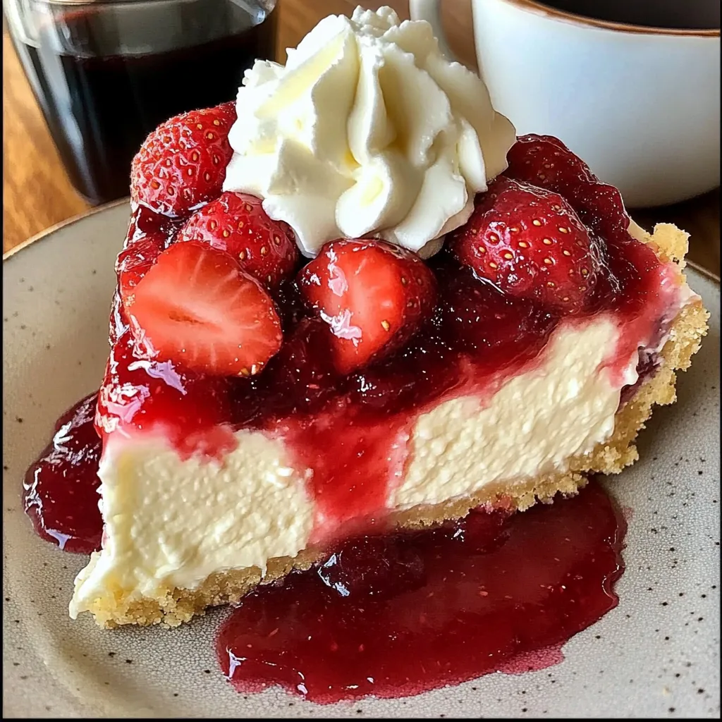 A slice of cheesecake with strawberries on top.