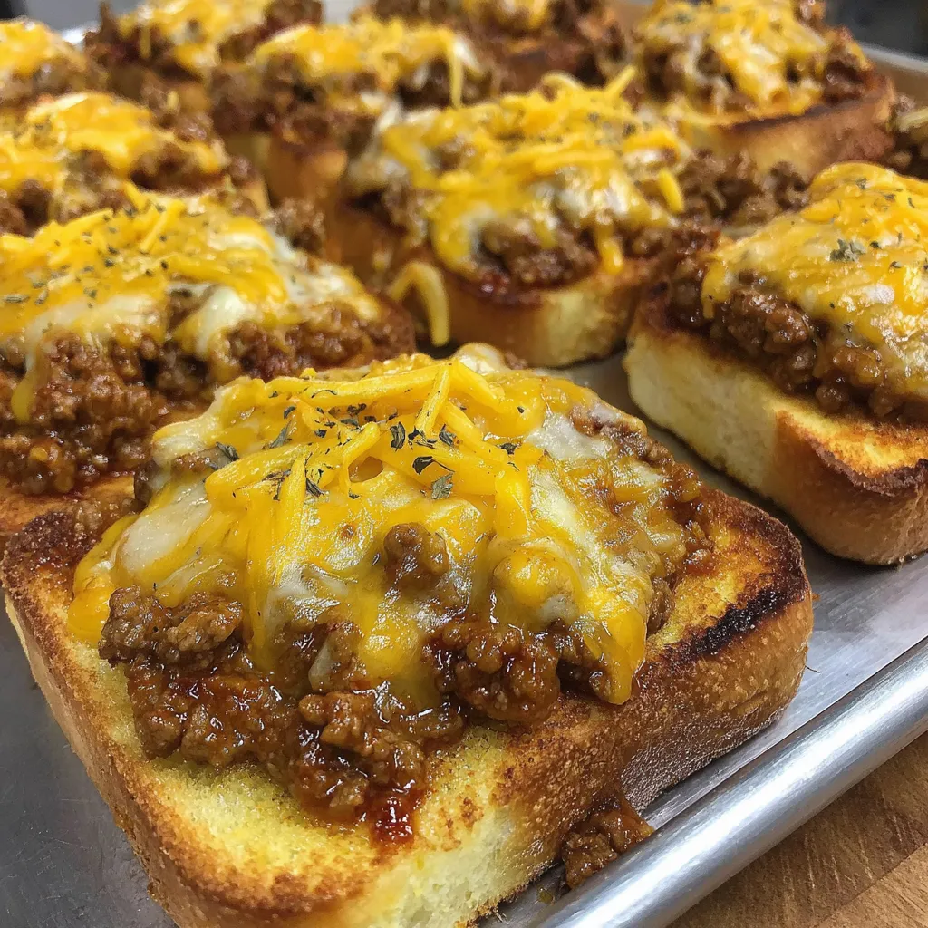 A tray of cheesy sloppy joe garlic toast.