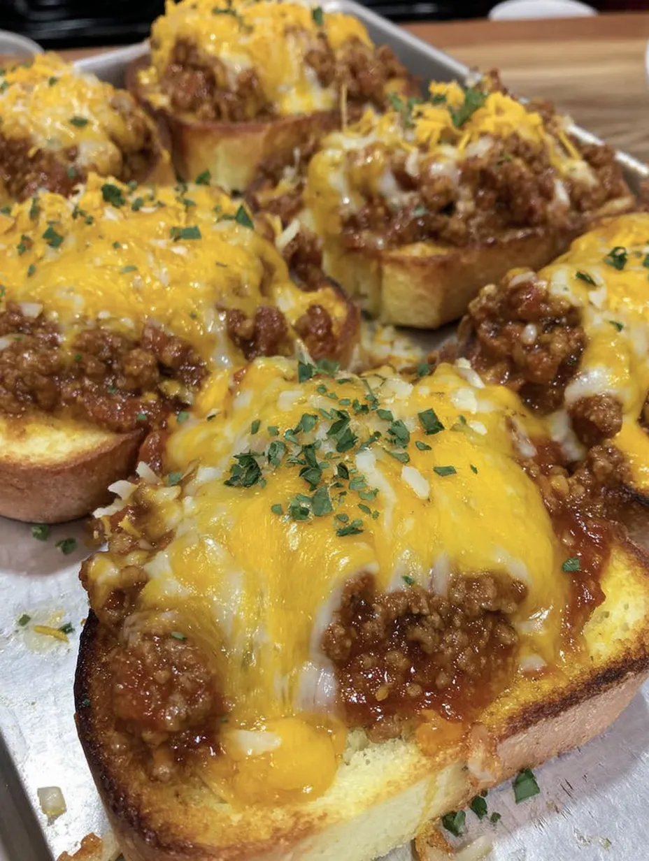 A plate of cheesy sloppy joe garlic toast.