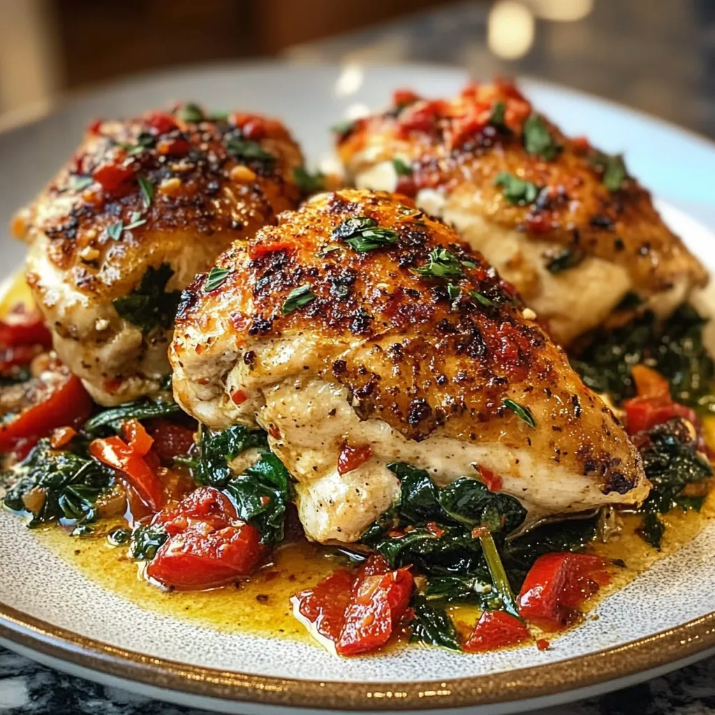 A plate of chicken with greens and tomatoes.