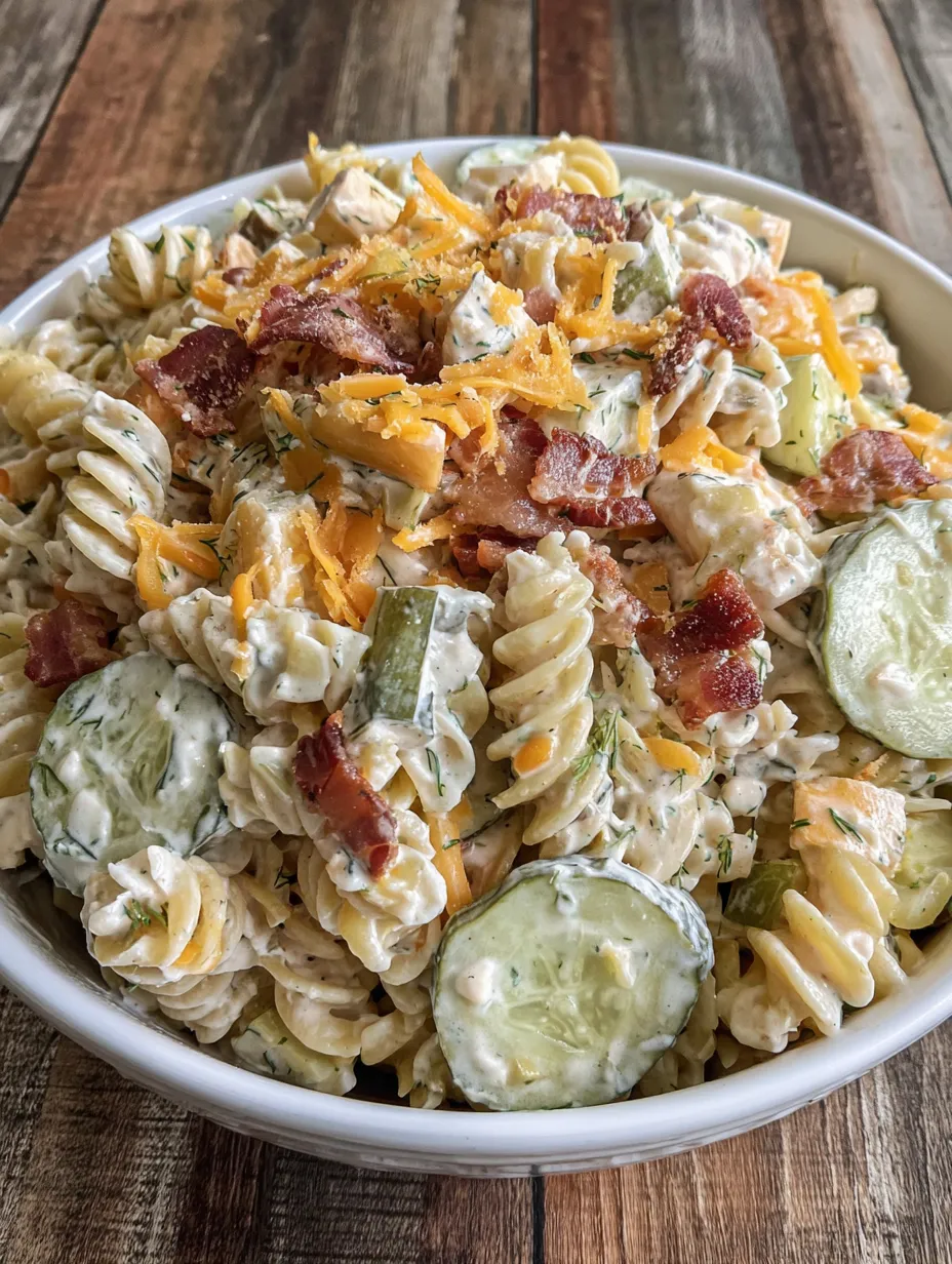 A bowl of pasta salad with cheese, bacon, and pickles.
