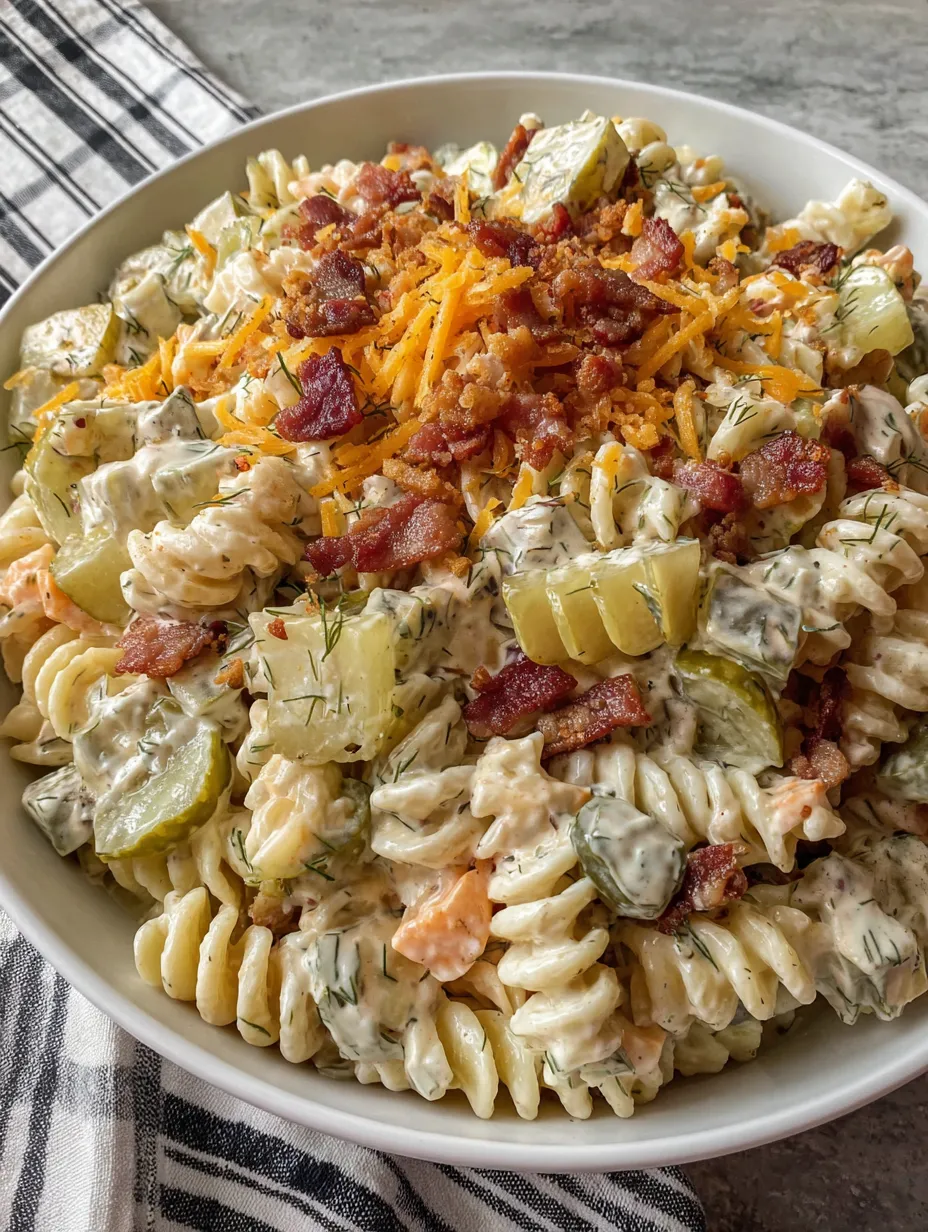 A bowl of pasta salad with dill pickles and bacon.